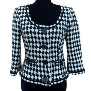 Trina Turk Women’s Black Diamond Pattern Tweed Blazer Velvet Bow Detail Size 4